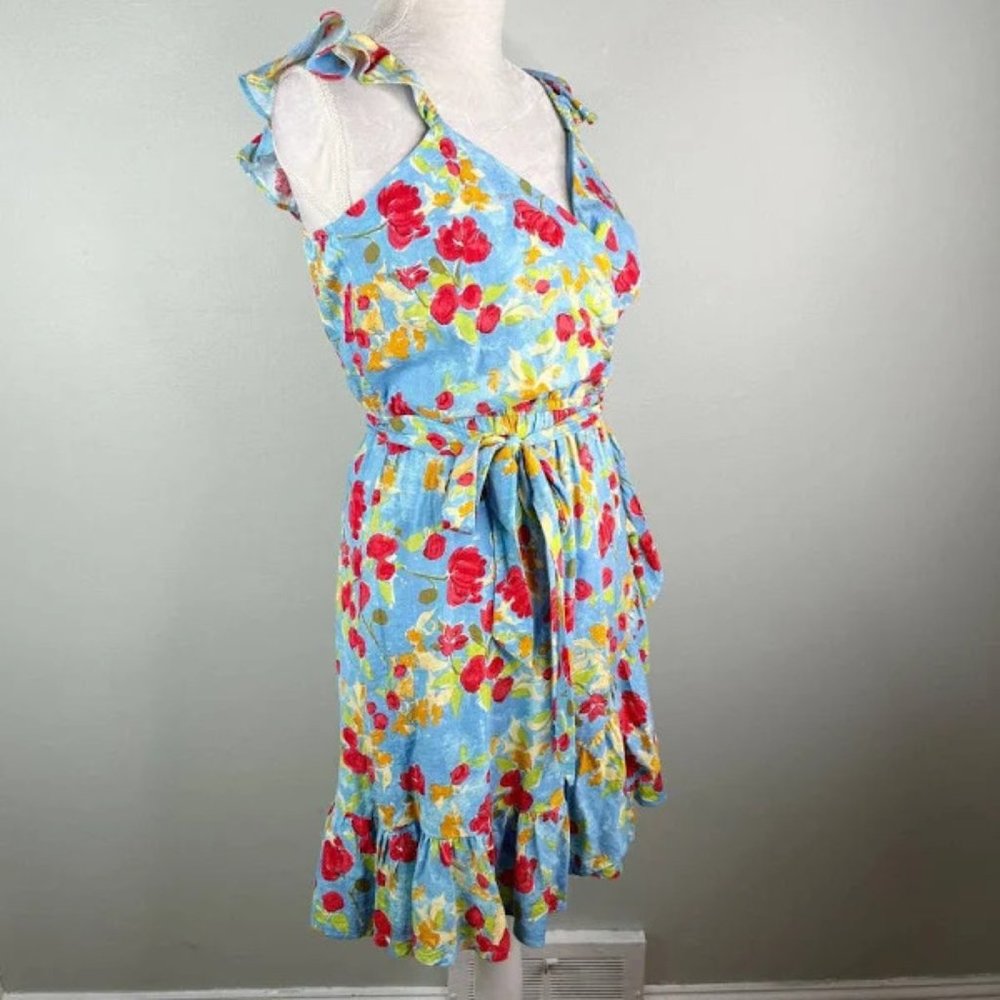 LC LAUREN CONRAD floral WRAP DRESS sleeveless BELT blue SIZE xxl - Picture 3 of 13